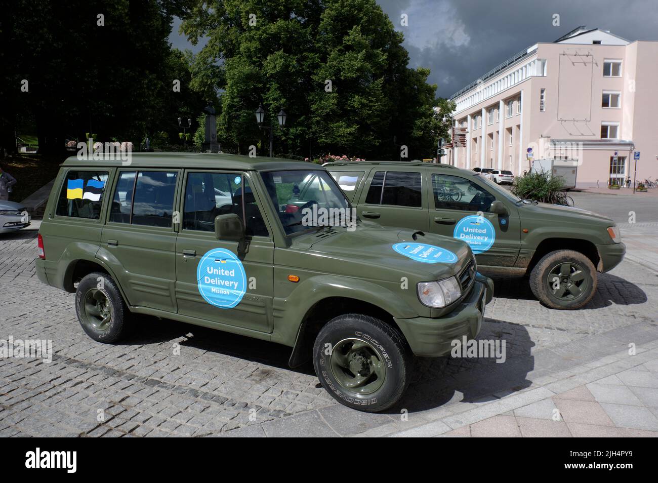 United Delivery Mission prepared cars waiting to be delivered to the Ukrainian Military Forces. In the center of Tartu, Estona, July 2022 Stock Photo