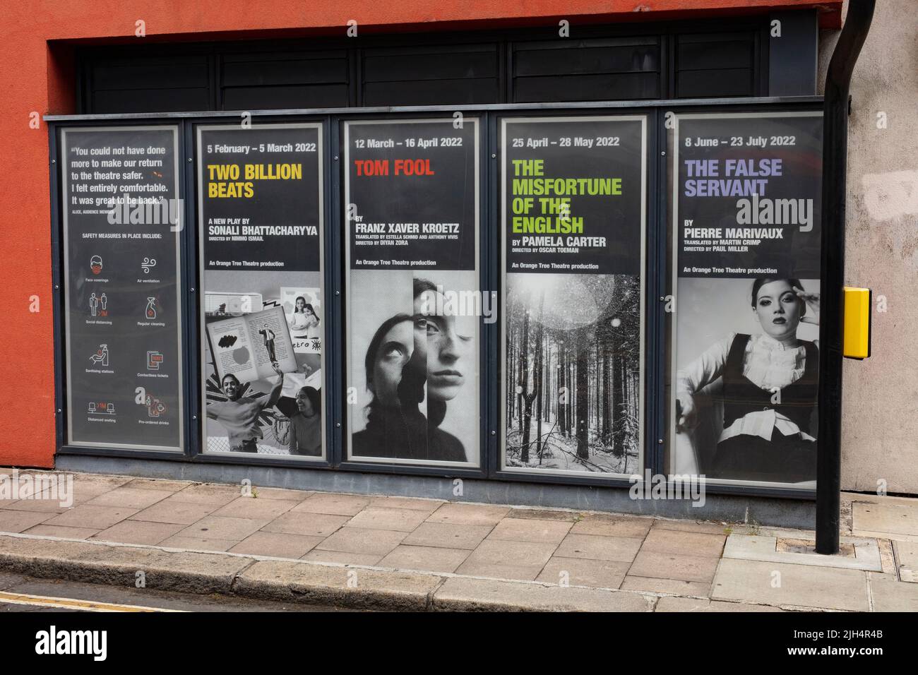 Posters outside The Orange Tree Theatre, a 180 seat theatre in Clarence St, Richmond, Surrey, founded in 1971 by Sam Walters and Auriol Smith Stock Photo