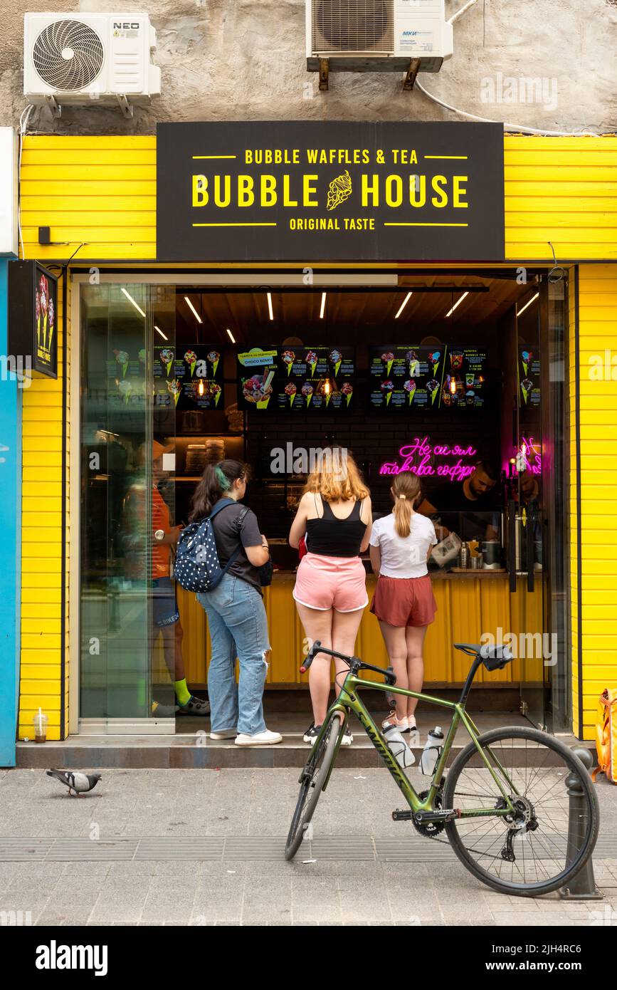 People at the Bubble House waffles and tea in downtown Sofia, Bulgaria