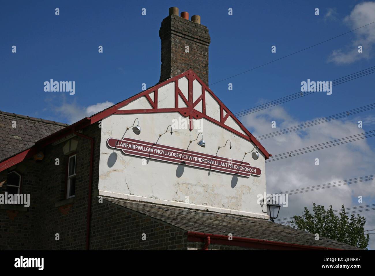 Llanfair PG (longest place name) railway station, Anglesey Stock Photo