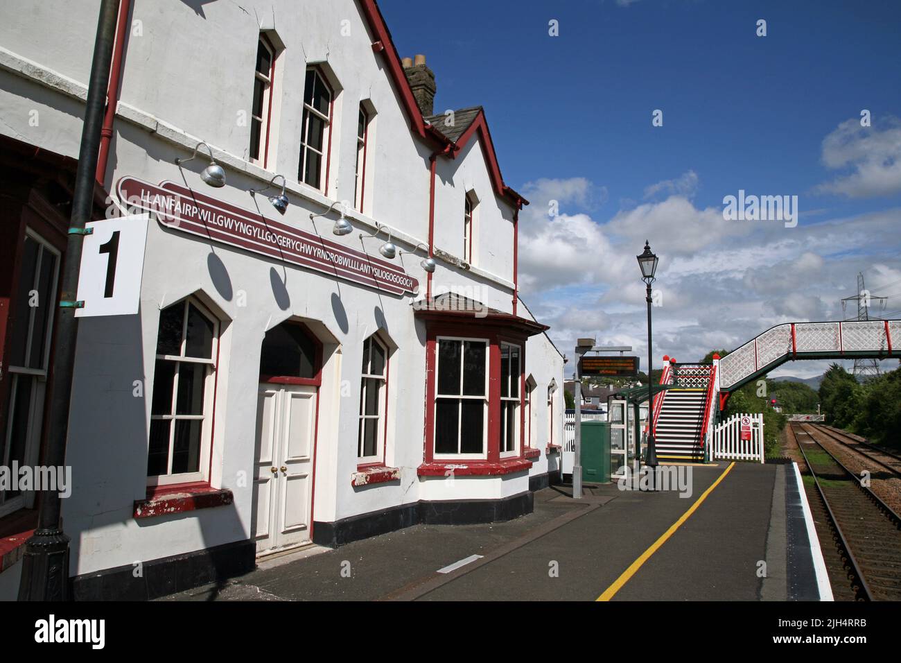Llanfair PG (longest place name) railway station, Anglesey Stock Photo