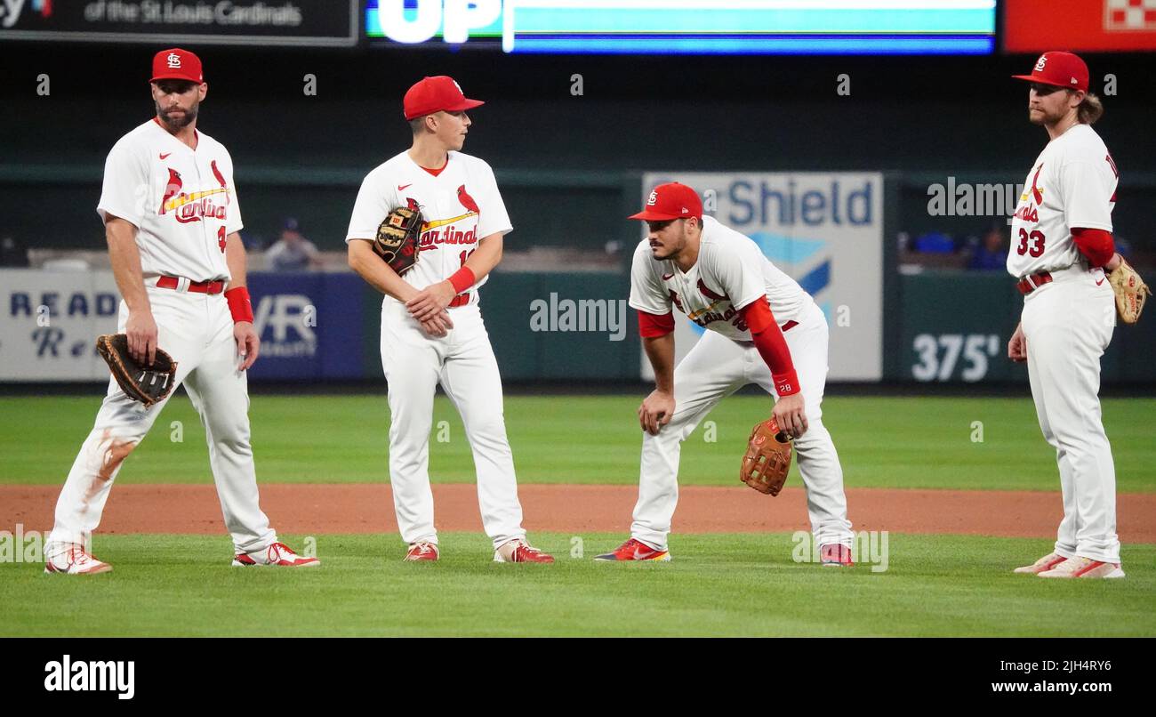 St. Louis, USA. 15th July, 2022. St. Louis Cardinals (L to R) Paul Goldschmidt, Tommy Edman, Nolan Arenado and Brendan Donovan, watch a pitching change during the seventh inning against the Los Angeles Dodgers at Busch Stadium in St. Louis on Thursday, July 14, 2022. Photo by Bill Greenblatt/UPI Credit: UPI/Alamy Live News Stock Photo
