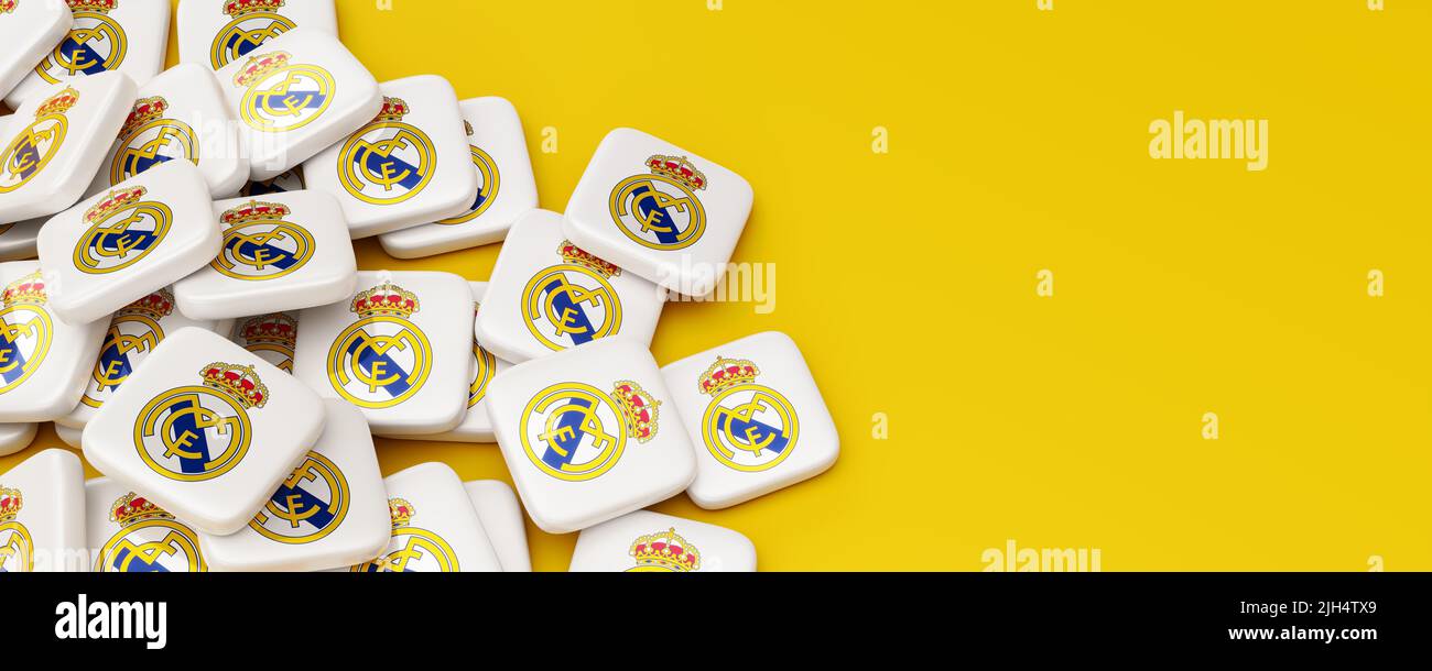 Guilherand-Granges, France - July 15, 2022. LaLiga of Spain. Cubes with logo of Real Madrid. 3D rendering. Stock Photo