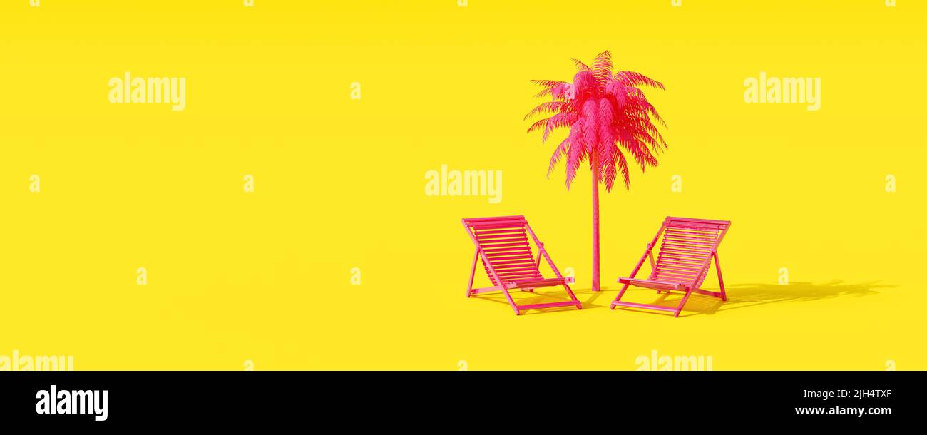 Pink palm tree with beach chairs on yellow background. Summer travel concept 3D render 3D illustration Stock Photo