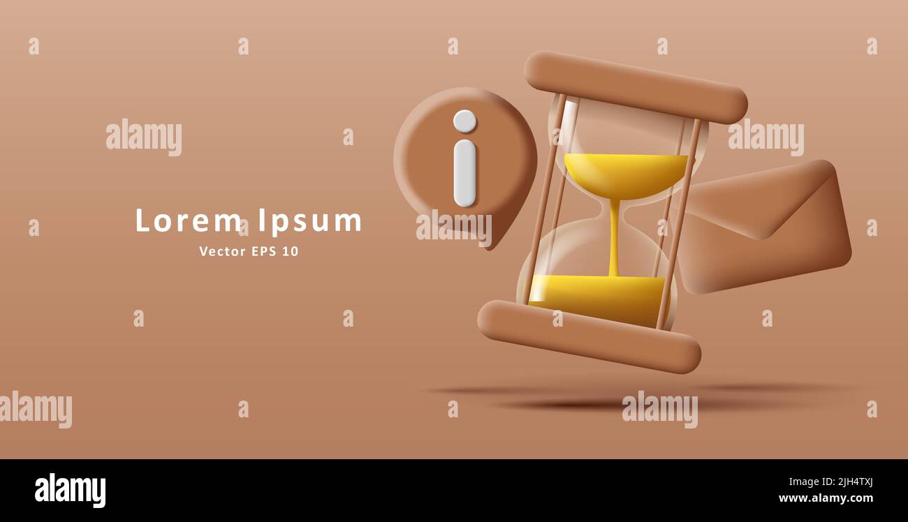 Digital 3d illustration of glass sand clock with letter and info icon ...