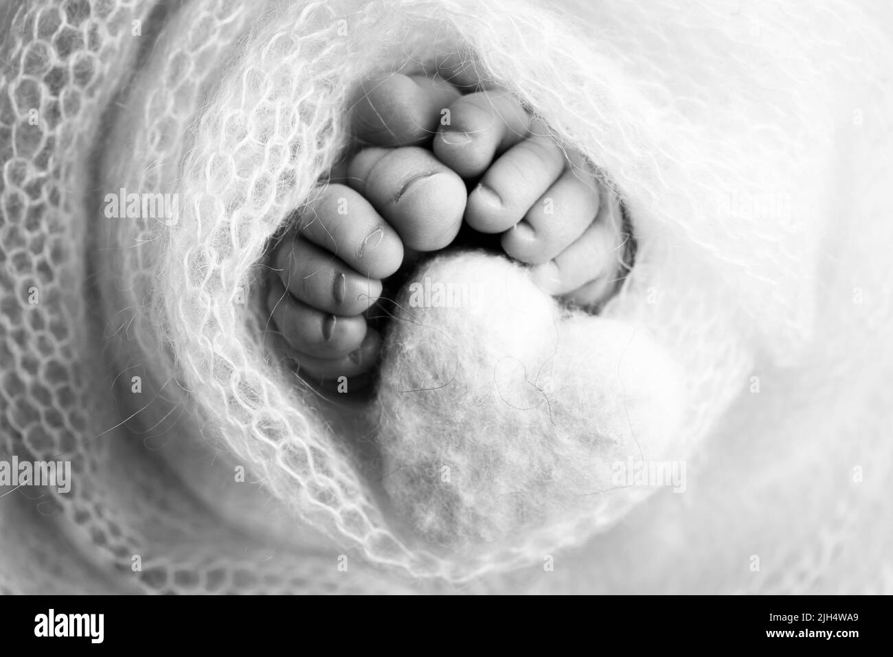 The tiny foot of a newborn baby. Soft feet of a new born in a wool blanket. Knitted heart in the legs of baby.  Stock Photo