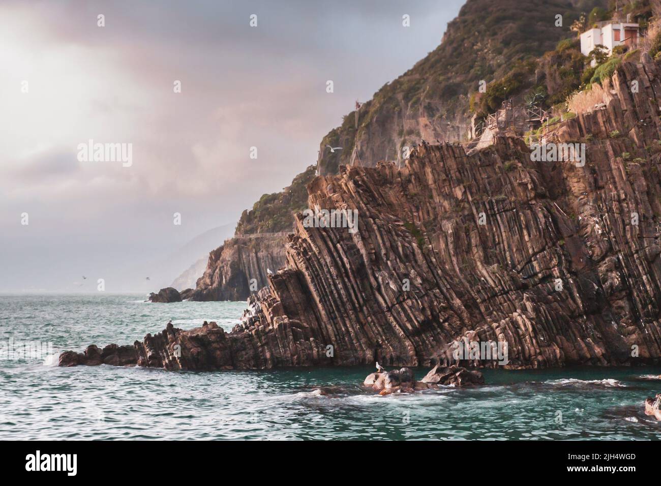 Ligurian coast named five lands in winter time. Riomaggiore, Liguria. Italy Stock Photo