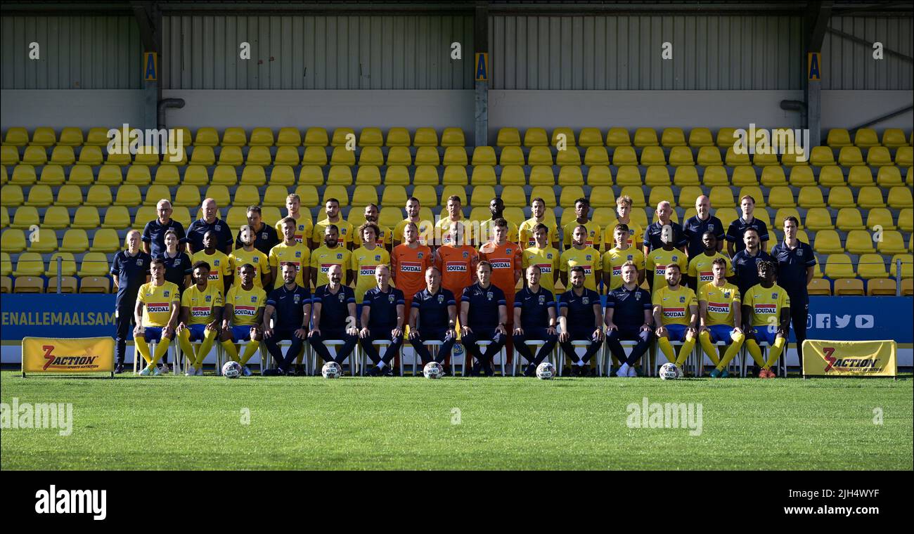 Westerlo, Belgium. 15th July, 2022. (top L-R) Westerlo's delegue Hans Celis; Westerlo's doctor Dirk Van Genechten; Westerlo's Vally; 16 Westerlo's Leo Seydoux; 05 Westerlo's Oguz Guctekin; Westerlo's Halil Akbunar; 55 Westerlo's Tuur Dierckx; 07 Westerlo's Lukas Van Eeno; 25 Westerlo's Igor Vetokele; 32 Westerlo's Edisson Jordanov; Westerlo's Dorgeles Nene; Westerlo's Griffin Yow; Westerlo's warehouseman Jos Bosmans; Westerlo's Van Elst; Westerlo's physiotherapist Leandro Deiana; (center L-R) Westerlo's physiotherapist Jan Engelen; Westerlo's physiotherapist Mien Engelen; 19 Westerlo's Abdul K Stock Photo