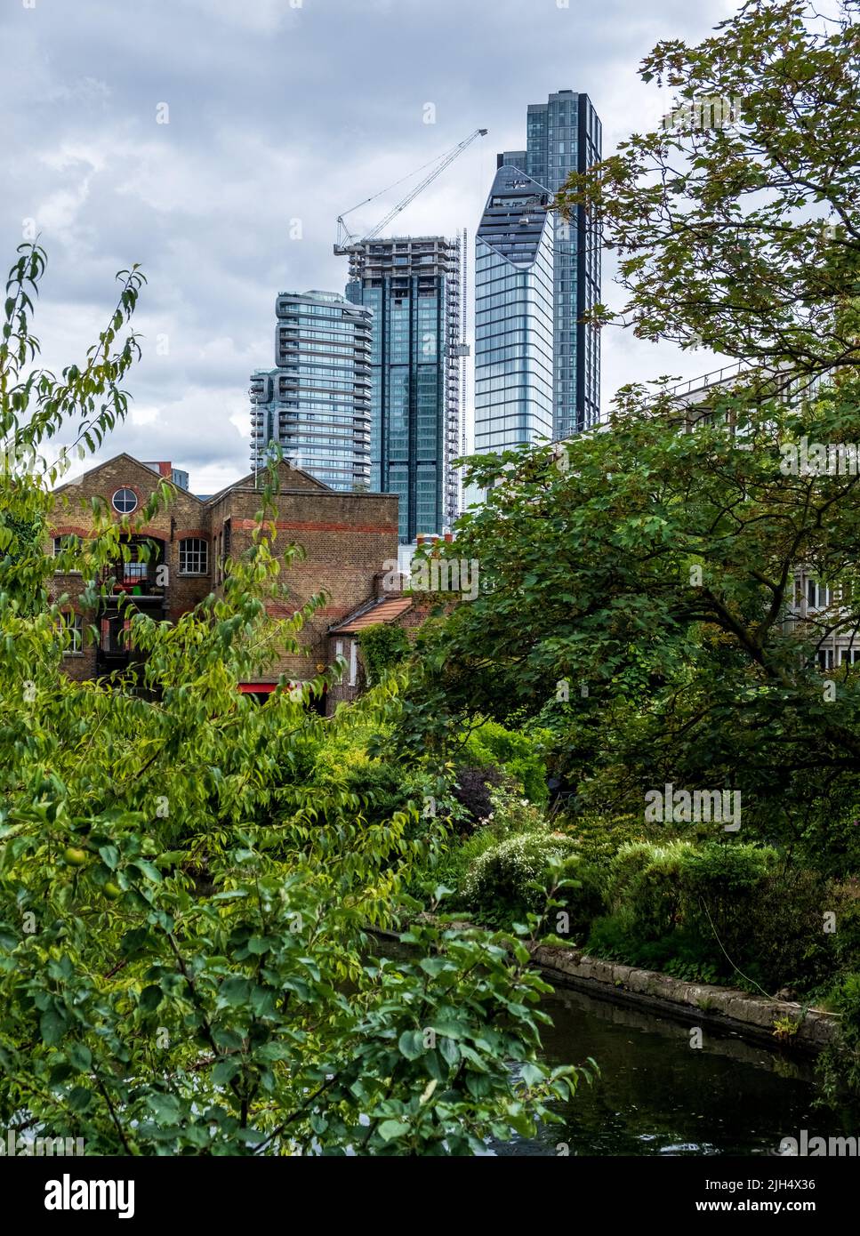 View of Islington towers from Regents Canal, London Stock Photo