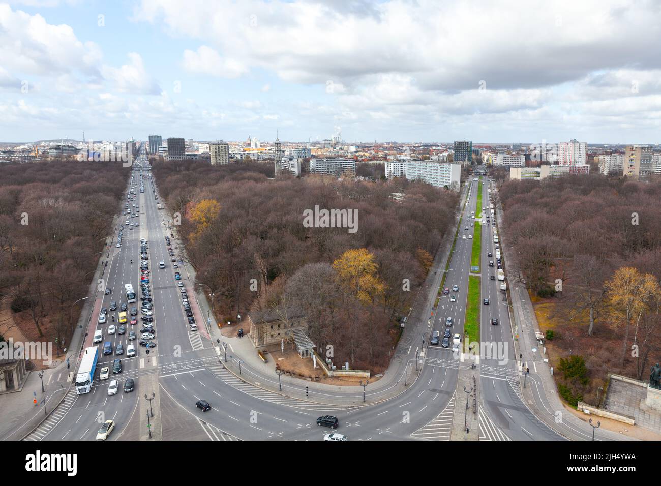 Highways and park view from above in Berlin . Aerial view of streets in ...