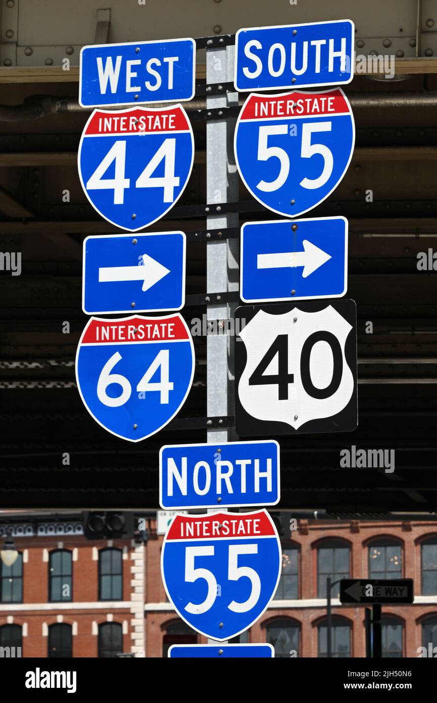 Highway signs, St. Louis, Missouri, United States of America Stock Photo