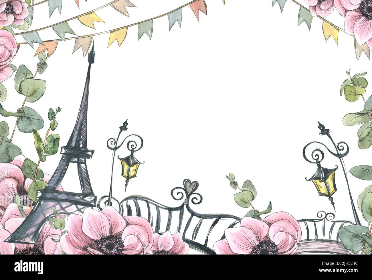 A frame with the Eiffel Tower, lanterns, a garland of flags and a bridge, anemone flowers and eucalyptus twigs. Watercolor illustration in sketch Stock Photo