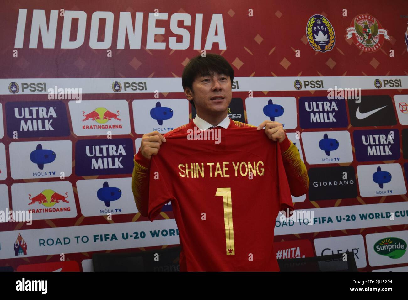 Indonesia, 2019 : Shin Tae Yong when officially inaugurated as Indonesian football coach. Stock Photo