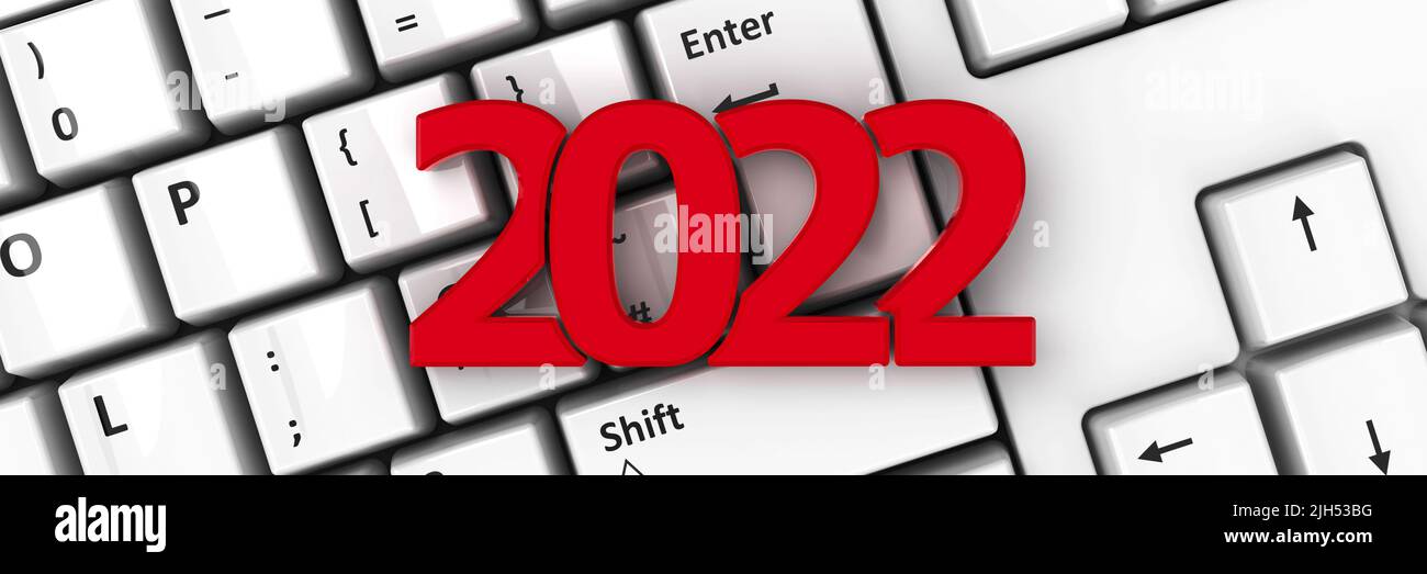 2022 icon on the computer keyboard background represents the new year 2022, three-dimensional rendering, 3D illustration Stock Photo