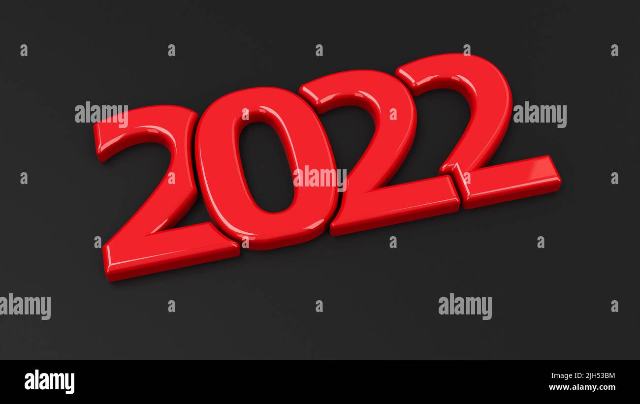 Red 2022 symbol on black background, represents the new year 2022, three-dimensional rendering, 3D illustration Stock Photo