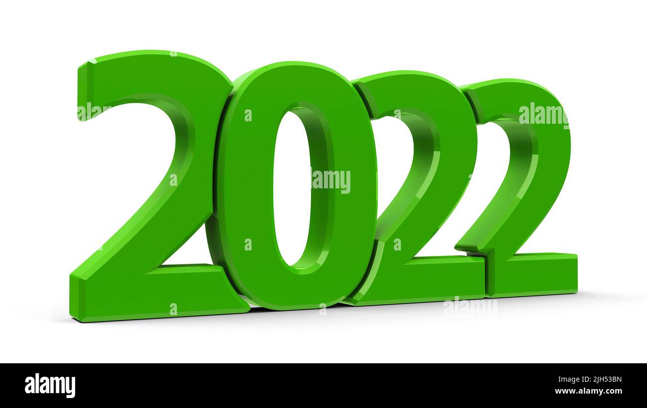Green 2022 symbol, icon or button isolated on white background, represents the new year 2022, three-dimensional rendering, 3D illustration Stock Photo