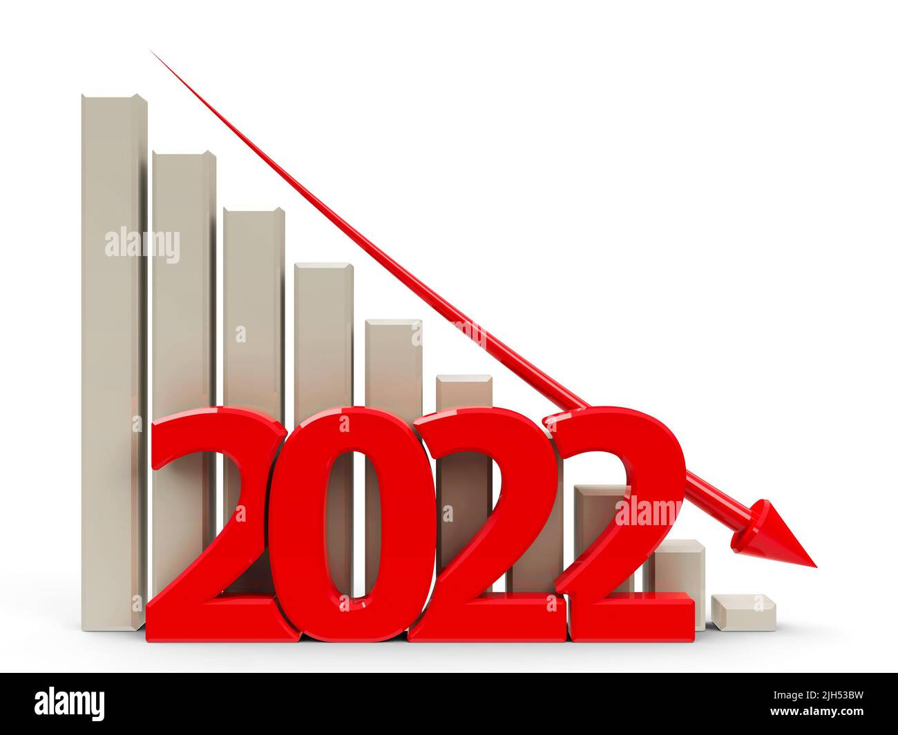 Red business graph with red arrow down, represents decrease in the year 2022, three-dimensional rendering, 3D illustration Stock Photo