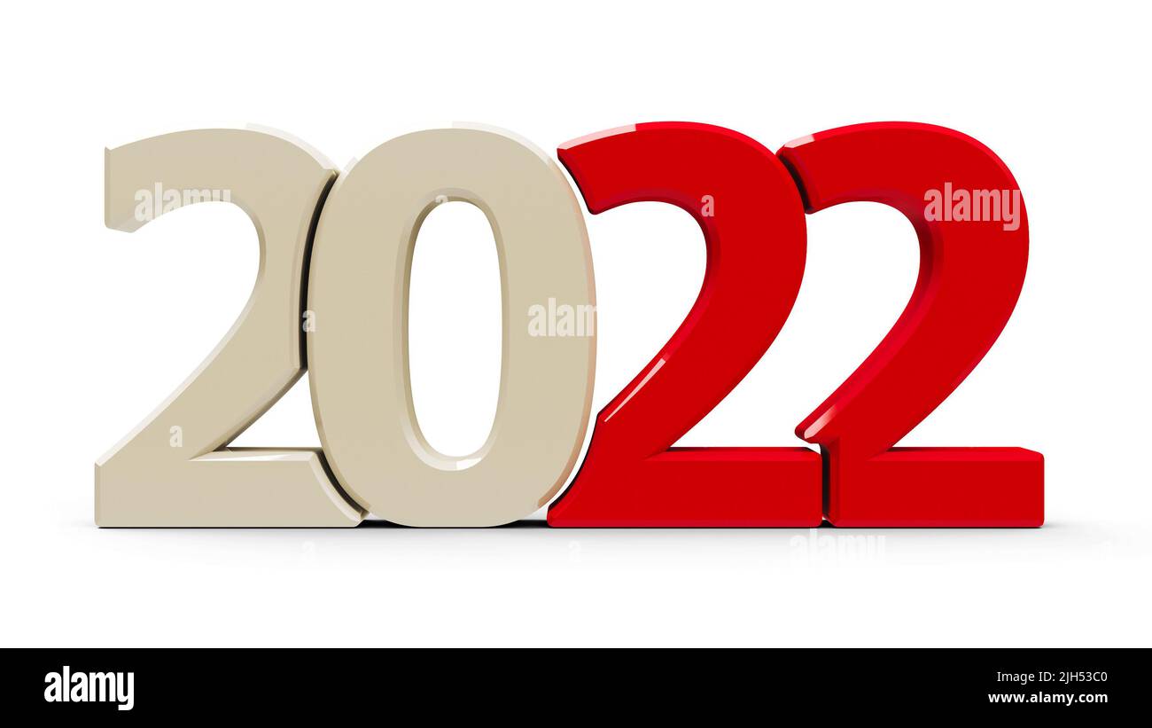 Red 2022 symbol, icon or button isolated on white background, represents the new year 2022, three-dimensional rendering, 3D illustration Stock Photo
