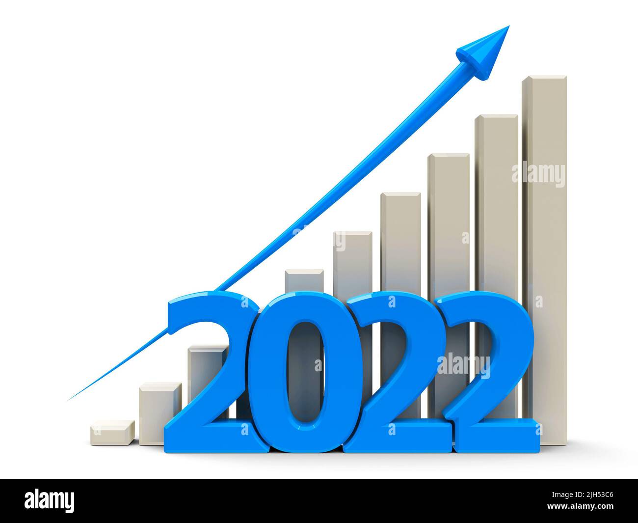 Blue business graph with blue arrow up, represents growth in the year 2022, three-dimensional rendering, 3D illustration Stock Photo
