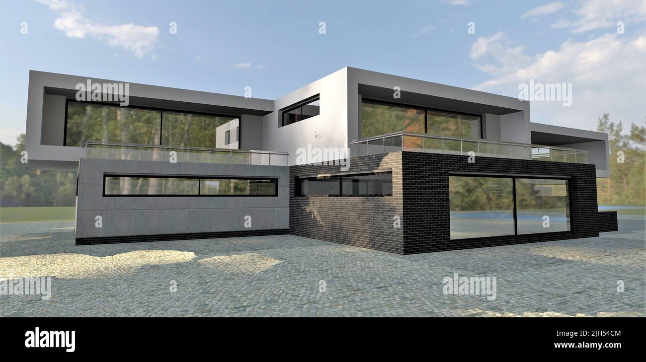 Modern high-tech house with a flat roof and spacious balconies ...
