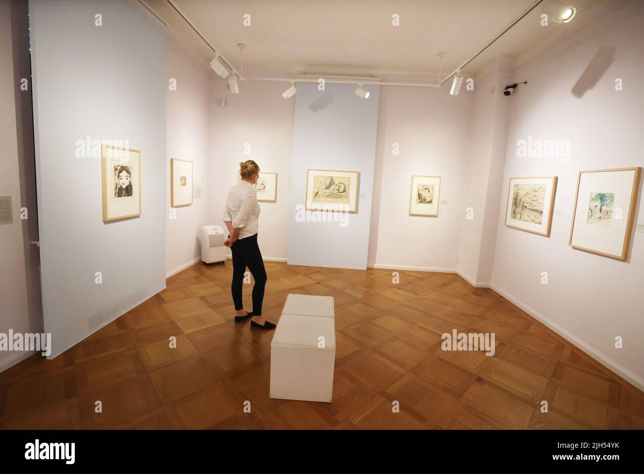 Apolda, Germany. 15th July, 2022. Nadine Stephan, curator of the exhibition, looks at the exhibition 'Erich Heckel - watercolors and drawings from six decades'. The exhibition will take place from 17.07. to 11.09.2022 at Kunsthaus Apolda Avantgarde. Credit: Bodo Schackow/dpa/Alamy Live News Stock Photo