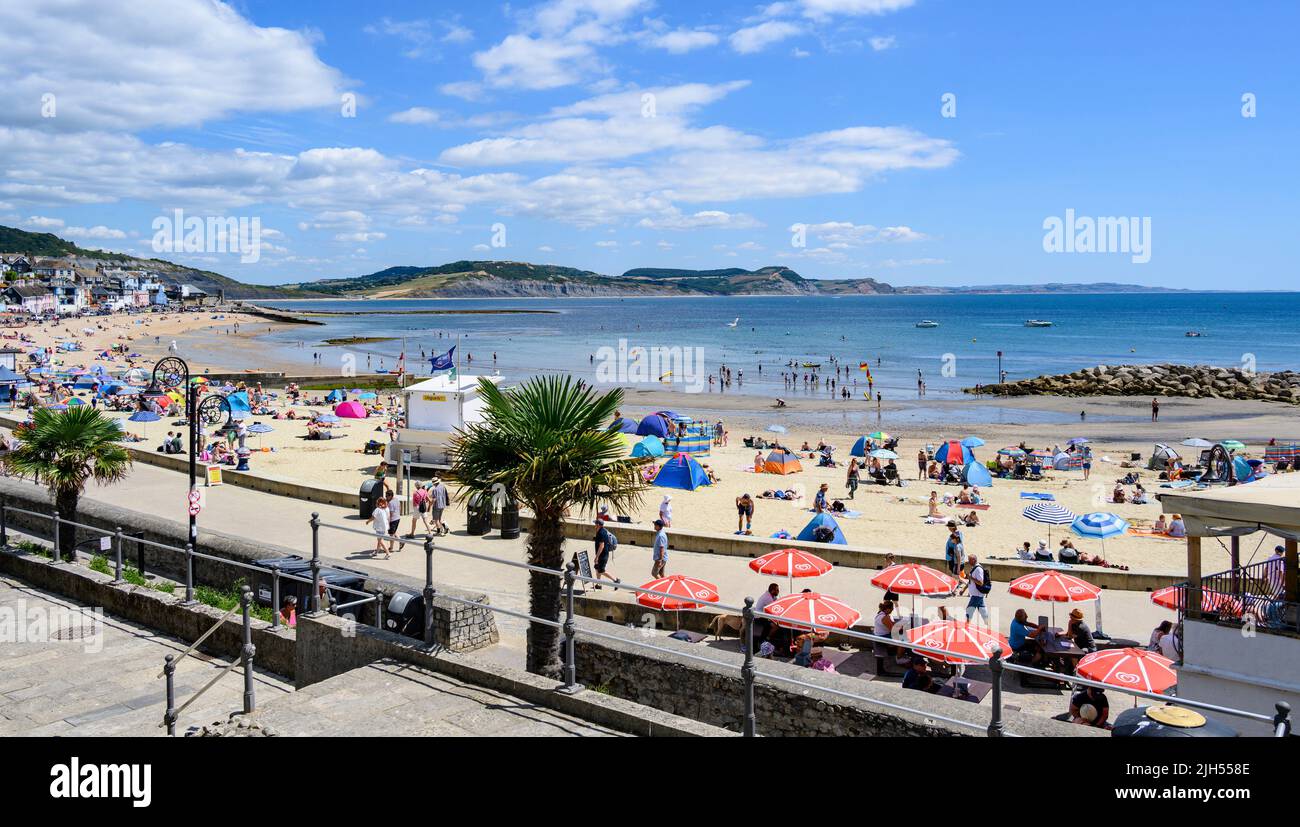 Lyme Regis, Dorset, UK. 15th July, 2022. UK Weather Beachgoers flock