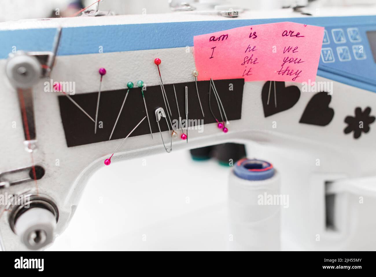 Workplace of seamstress learning English Stock Photo Alamy