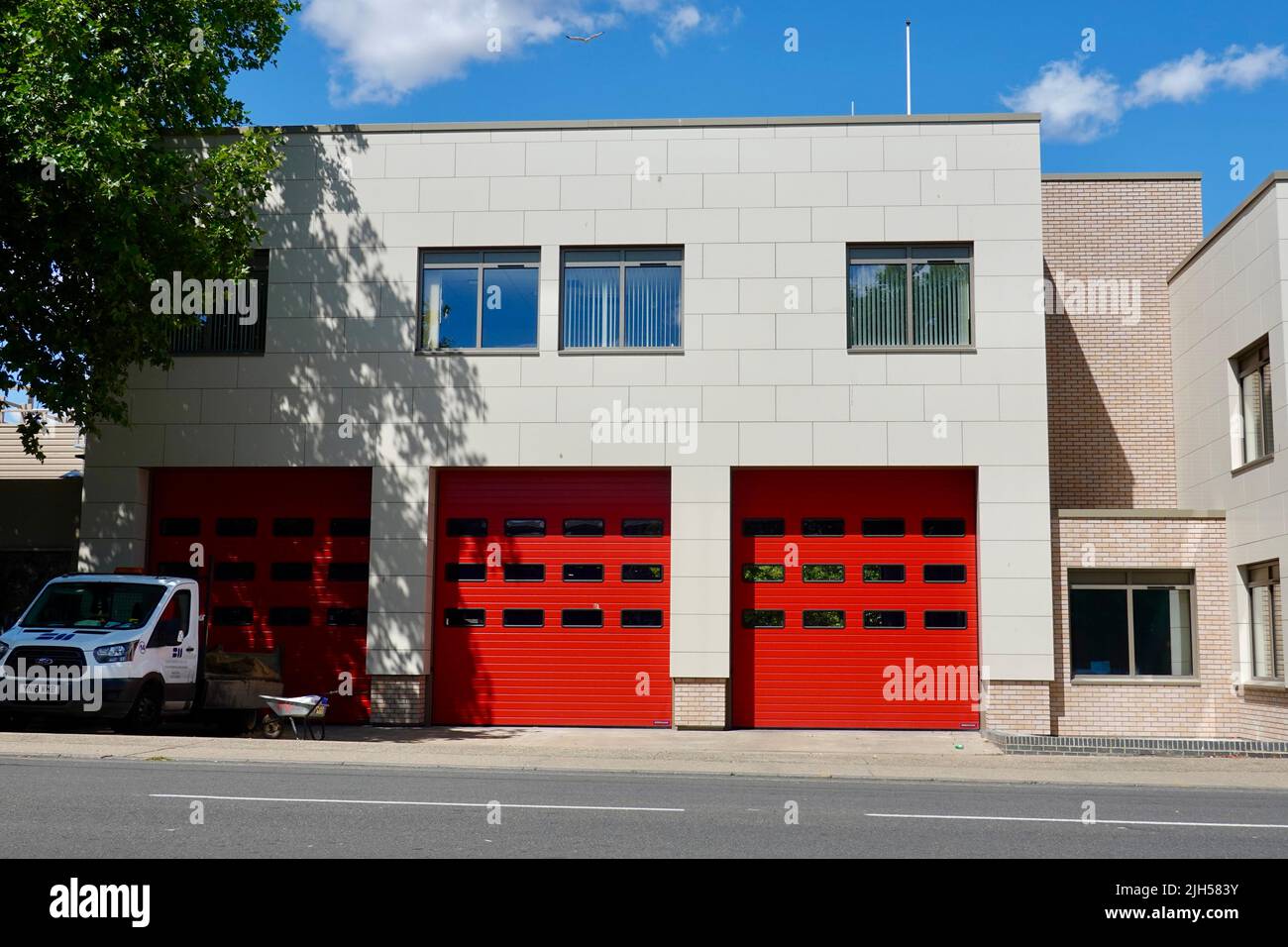 Ipswich, Suffolk, UK 15 July 2022 Three red fire station doors, Princes Street Stock Photo