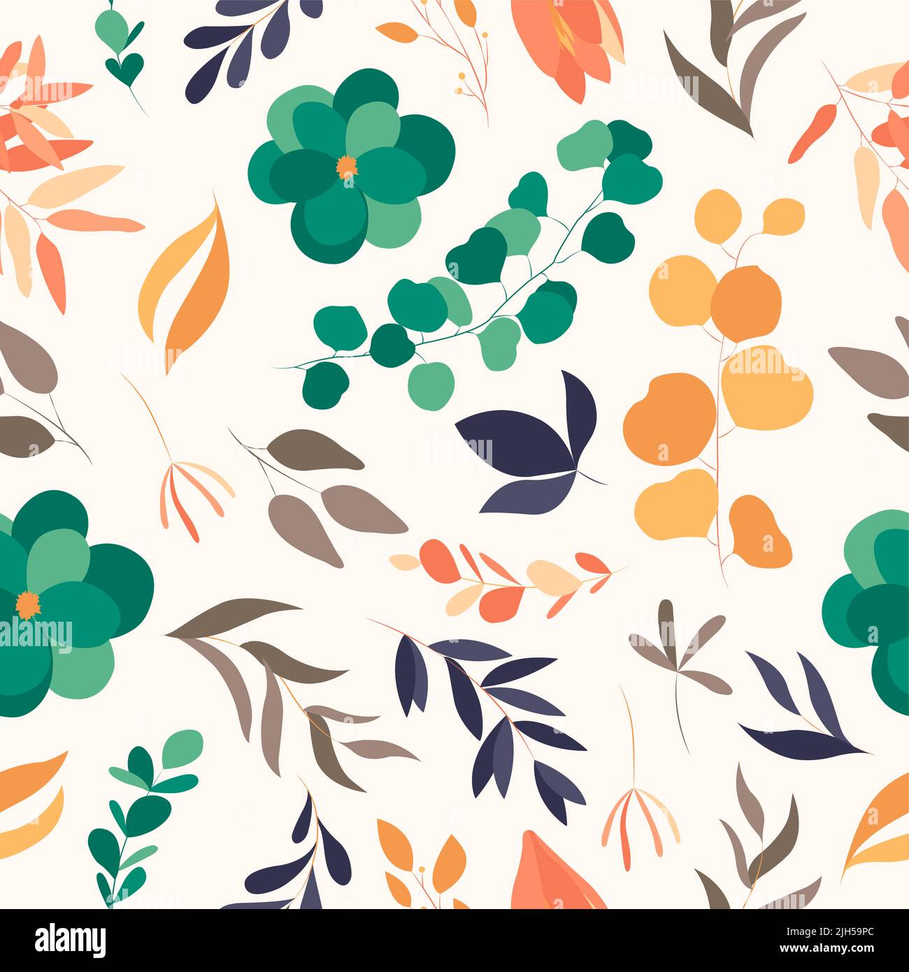 Botanical seamless pattern with leaves and flowers on white background ...