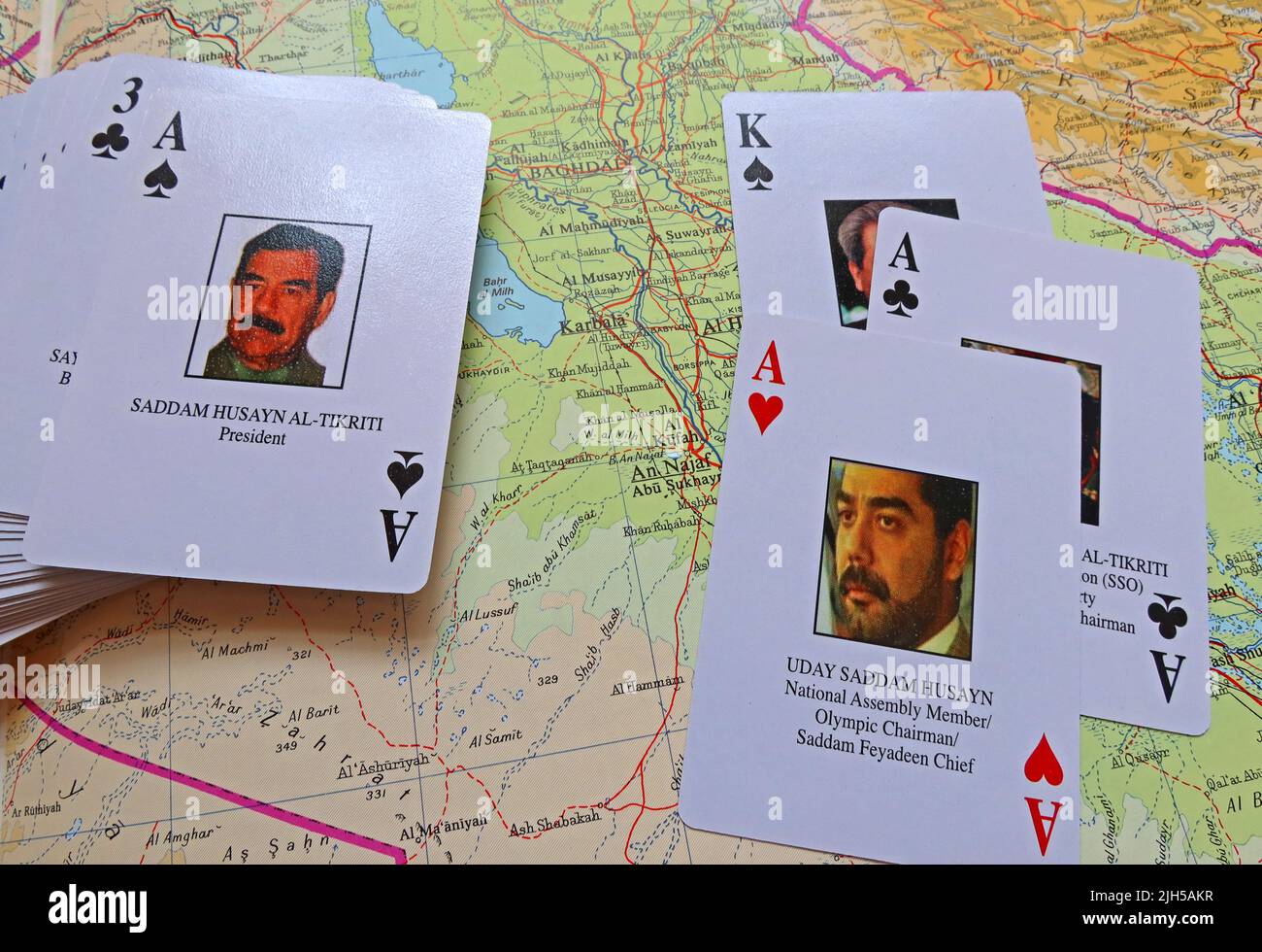 Saddam Hussein Abd al-Majid al-Tikriti, ace of spades playing cards, issued by USA, during coalition war in Iraq, 2003 invasion,Iraqi Most Wanted Stock Photo