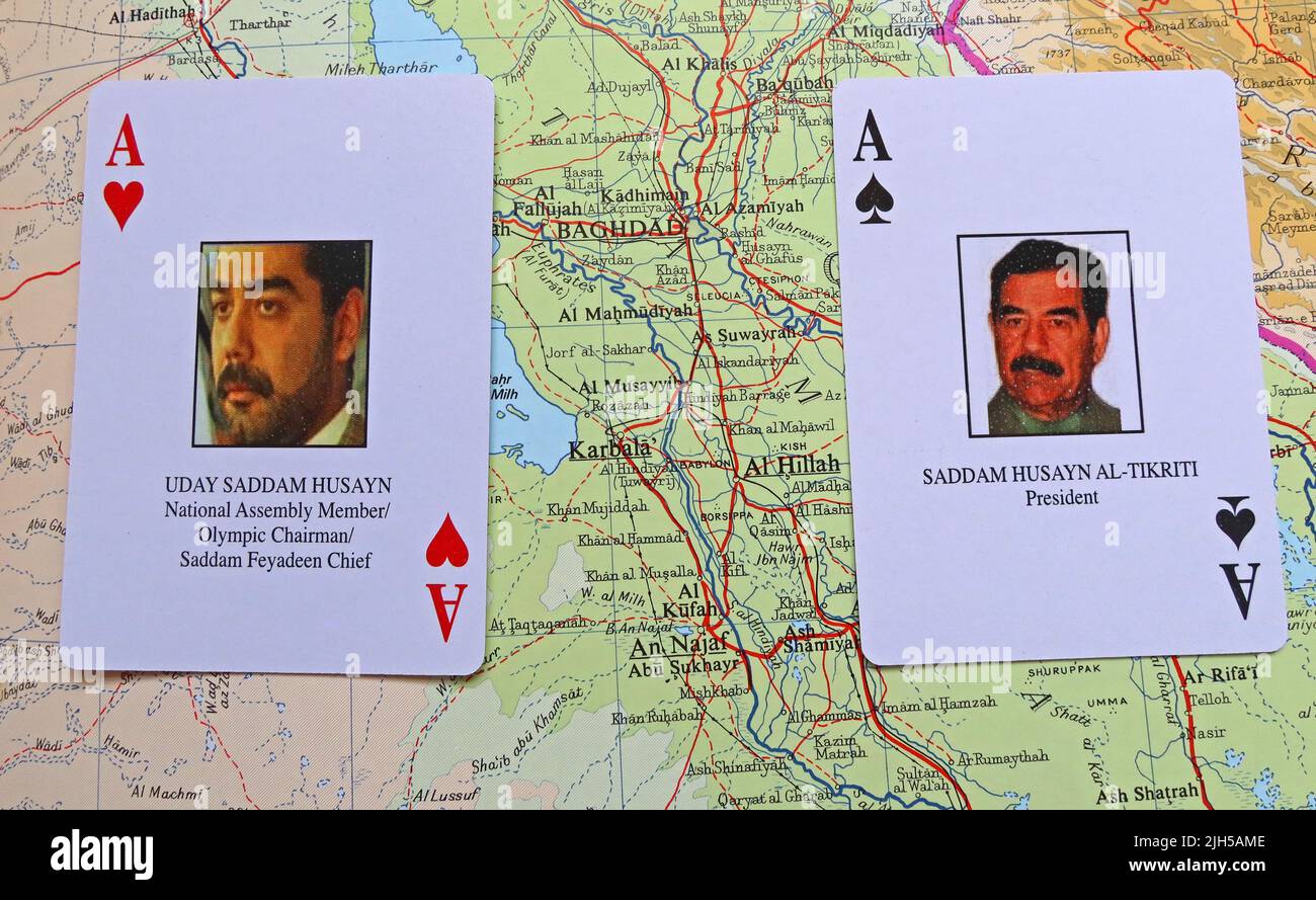 Saddam Hussein & Uday Saddam Husayn, ace of spades playing cards, issued by USA, during coalition war in Iraq, 2003 invasion,Iraqi Most Wanted Stock Photo