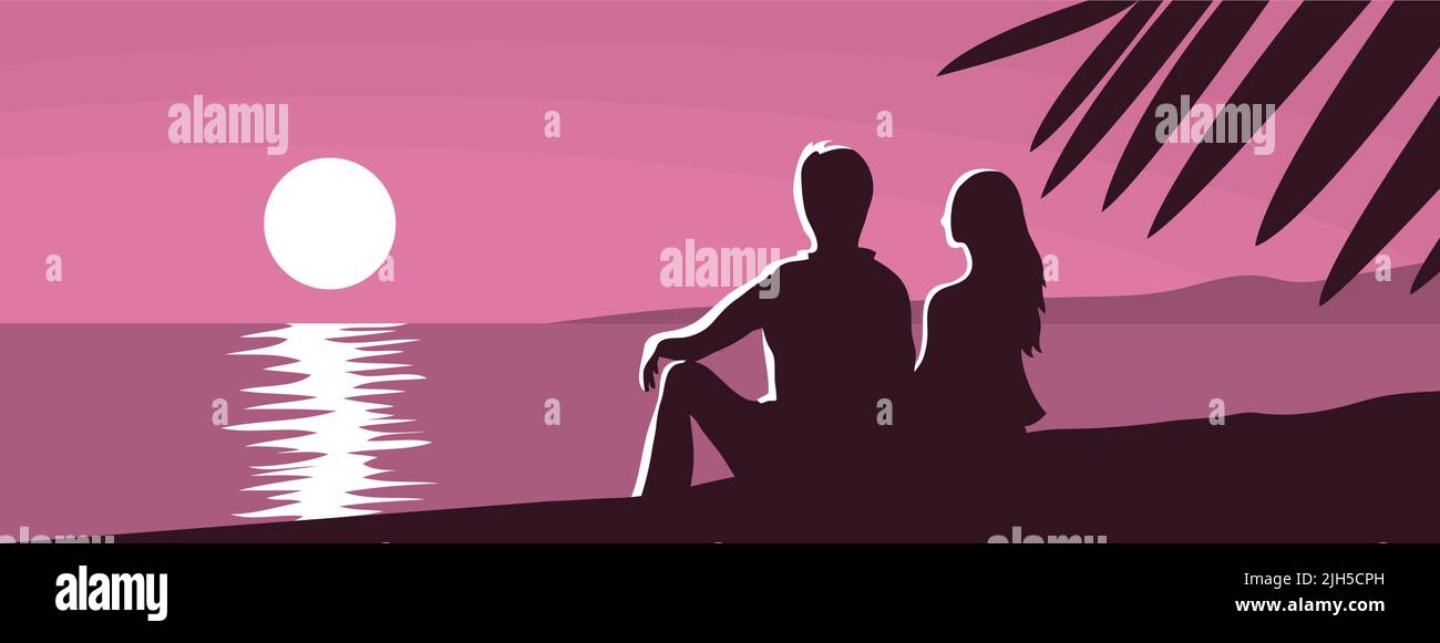 Young couple with a beautiful seascape. Tropical palm. Evening sunset. Silhouette of a man and a girl on a violet background. Loving people sit on the Stock Vector