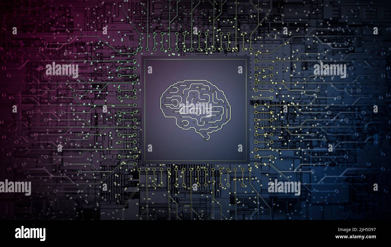 3d computer chip cpu with human brain. Processor on technology board. Ai, science, data, network concept. . High quality photo Stock Photo
