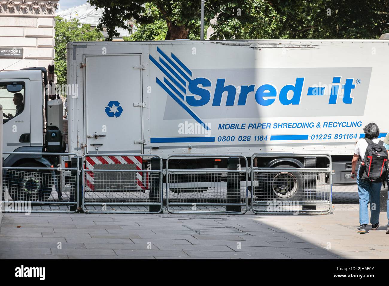 London, UK. 15th July, 2022. A large van from 'Shred It' shredding services is seen turning into the road where both the Treasury and Foreign Office are located in Westminster. Credit: Imageplotter/Alamy Live News Stock Photo