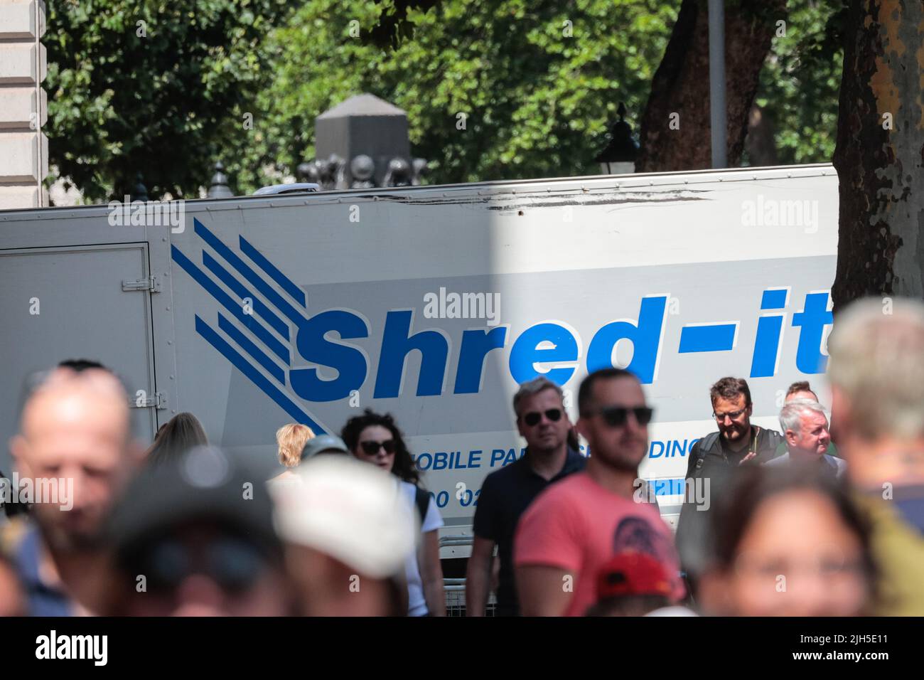 London, UK. 15th July, 2022. A large van from 'Shred It' shredding services is seen turning into the road where both the Treasury and Foreign Office are located in Westminster. Credit: Imageplotter/Alamy Live News Stock Photo