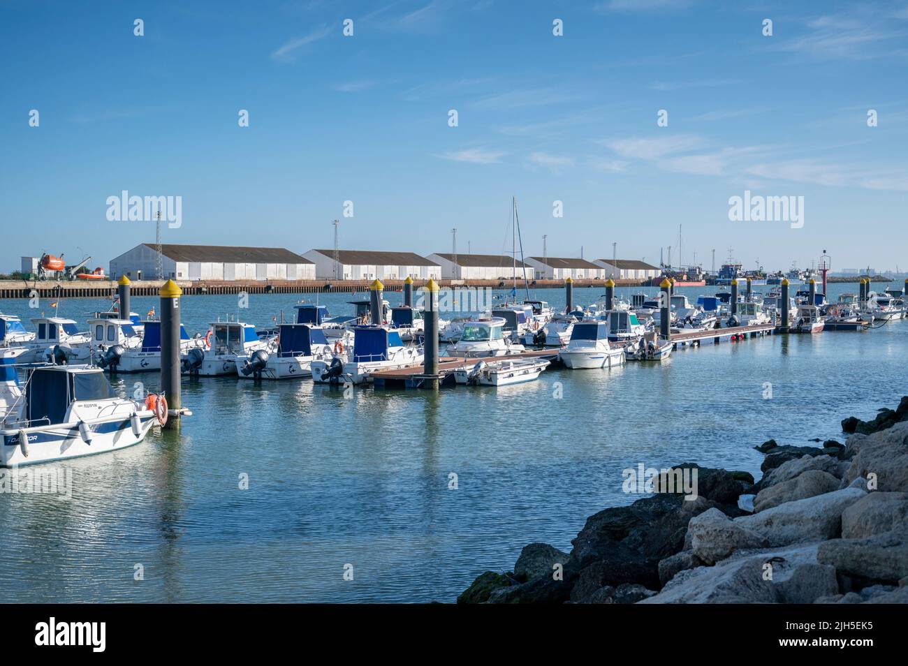 Pleasure boats moored in the marina in the port at Puerto de Santa Maria on the Guadalete river estuary Spain Stock Photo