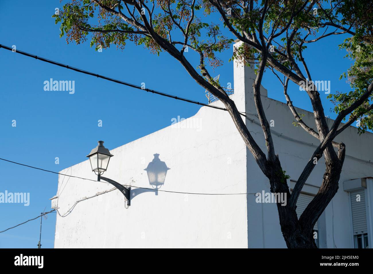 An abstract view of a an old lamp on the side of a white house in Puerto de Santa Maria Spain with a tree growing in front and power cables Stock Photo