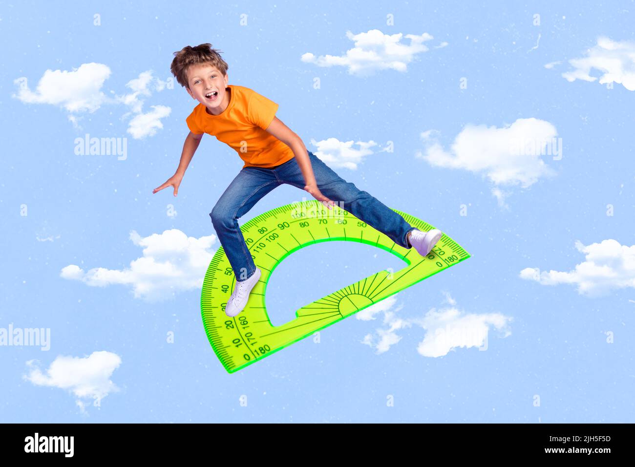 Creative collage picture of crazy excited small boy stand protractor ...