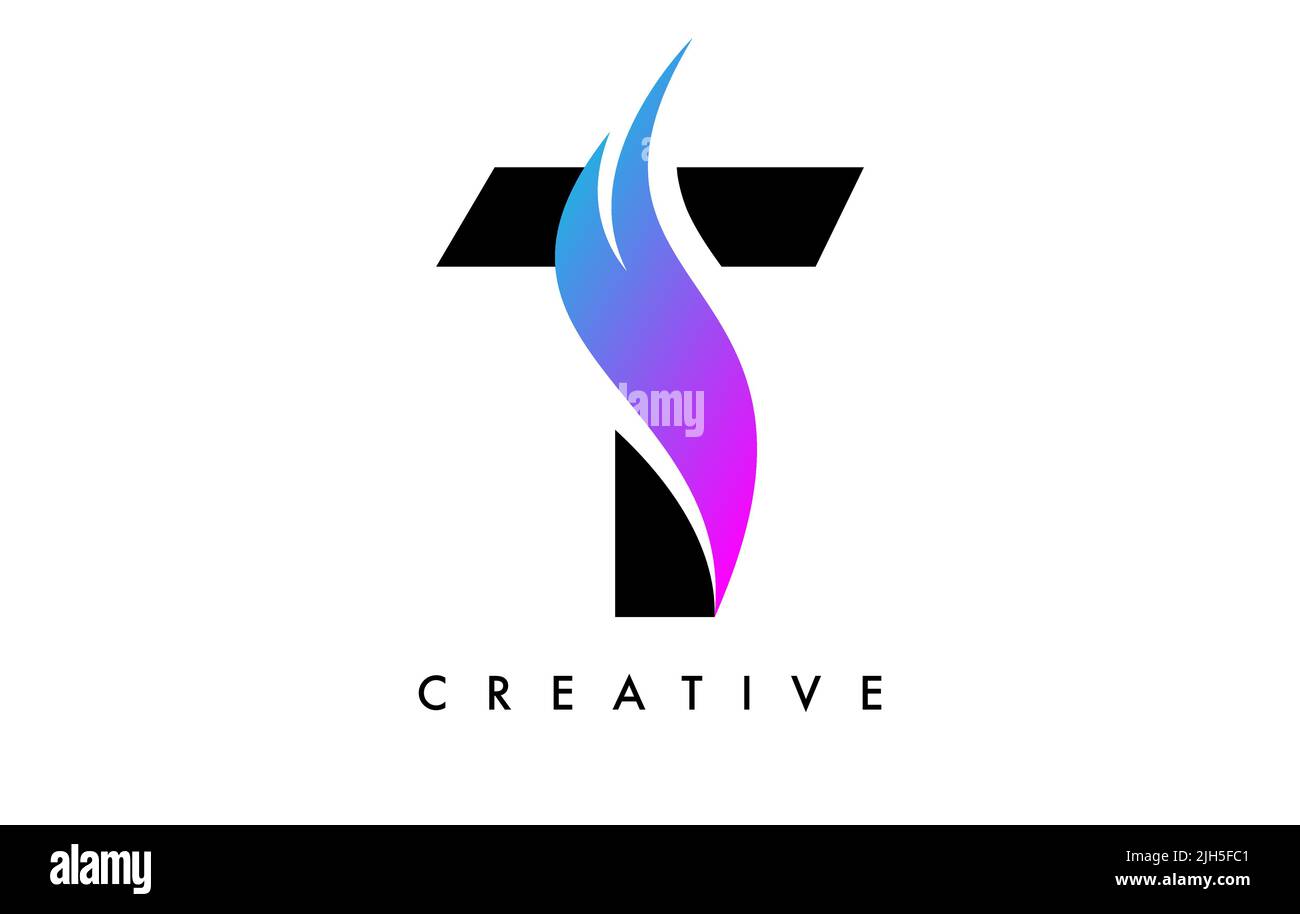 Letter T Logo Icon Design with Purple Swoosh and Creative Cut Curved ...