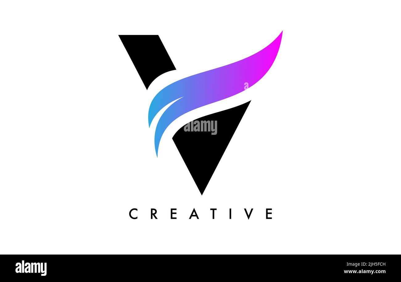Letter V Logo Icon Design with Purple Swoosh and Creative Cut Curved ...