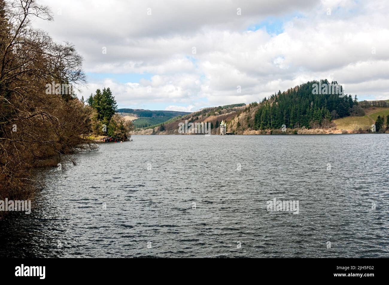 Lake Vyrnwy was created in 1888 by flooding the River Vyrnwy valley and submerging the village of Llanwddyn to supply fresh clean water to Liverpool Stock Photo