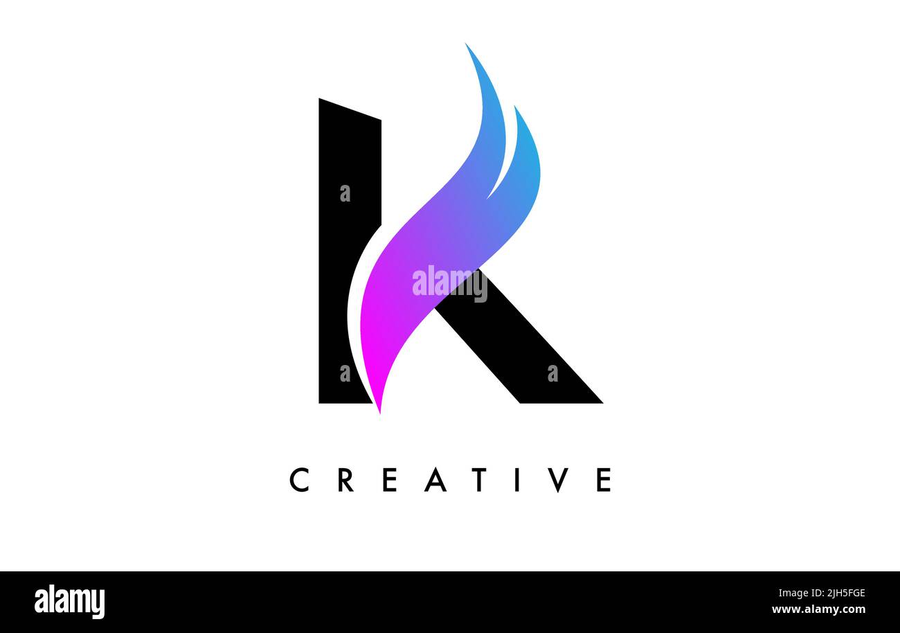 Letter K Logo Icon Design with Purple Swoosh and Creative Cut Curved ...