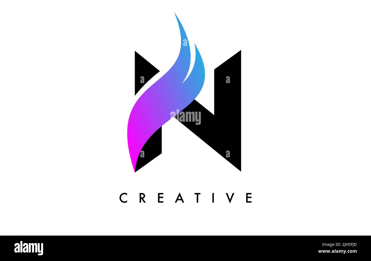 Letter N Logo Icon Design with Purple Swoosh and Creative Cut Curved ...