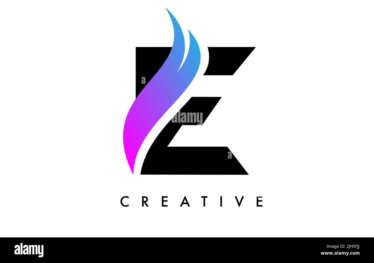 Letter E Logo Icon Design with Purple Swoosh and Creative Cut Curved ...