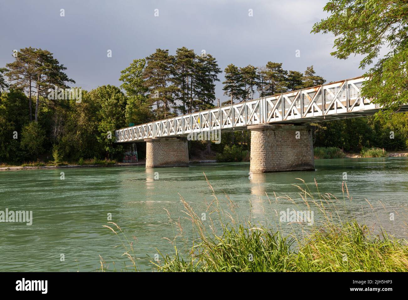 Pont d'Herbens, bridge in Meyzieu, Grand Parc de Miribel-Jonage, France Stock Photo
