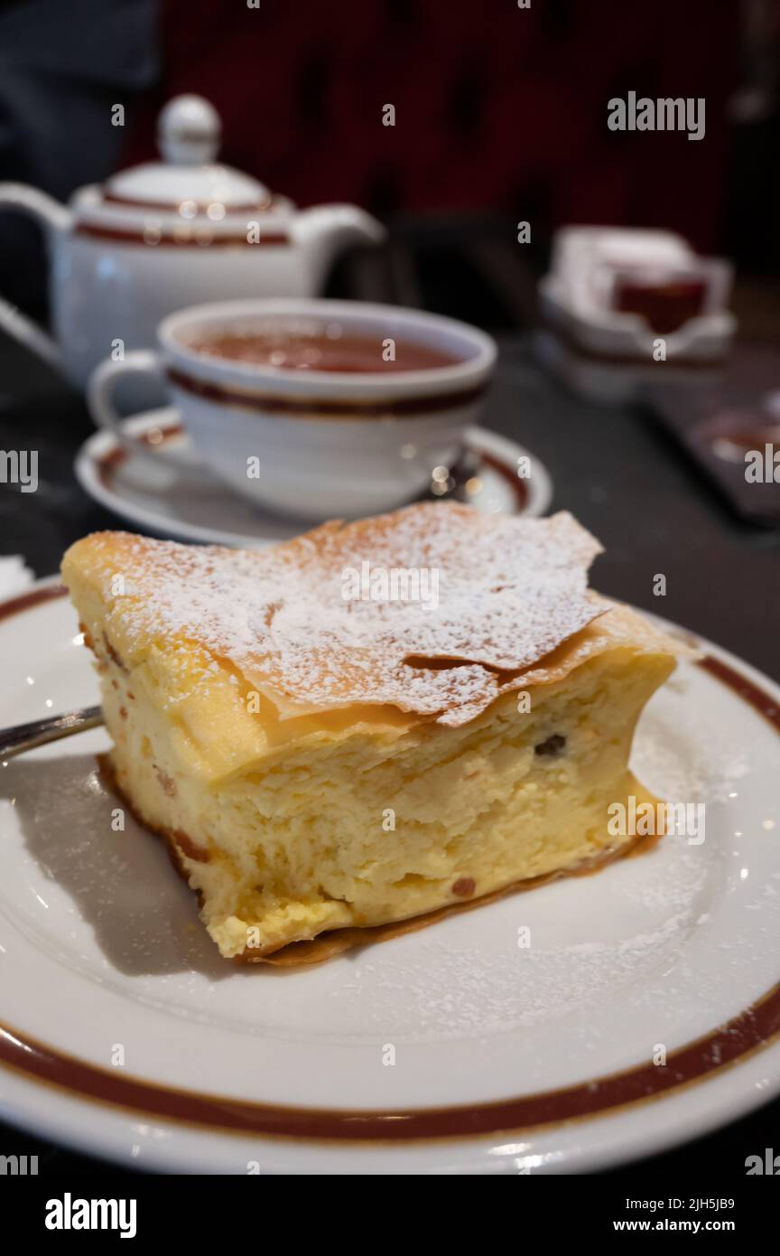Austrian sweet dessert, filled with white cheese strudel served warm