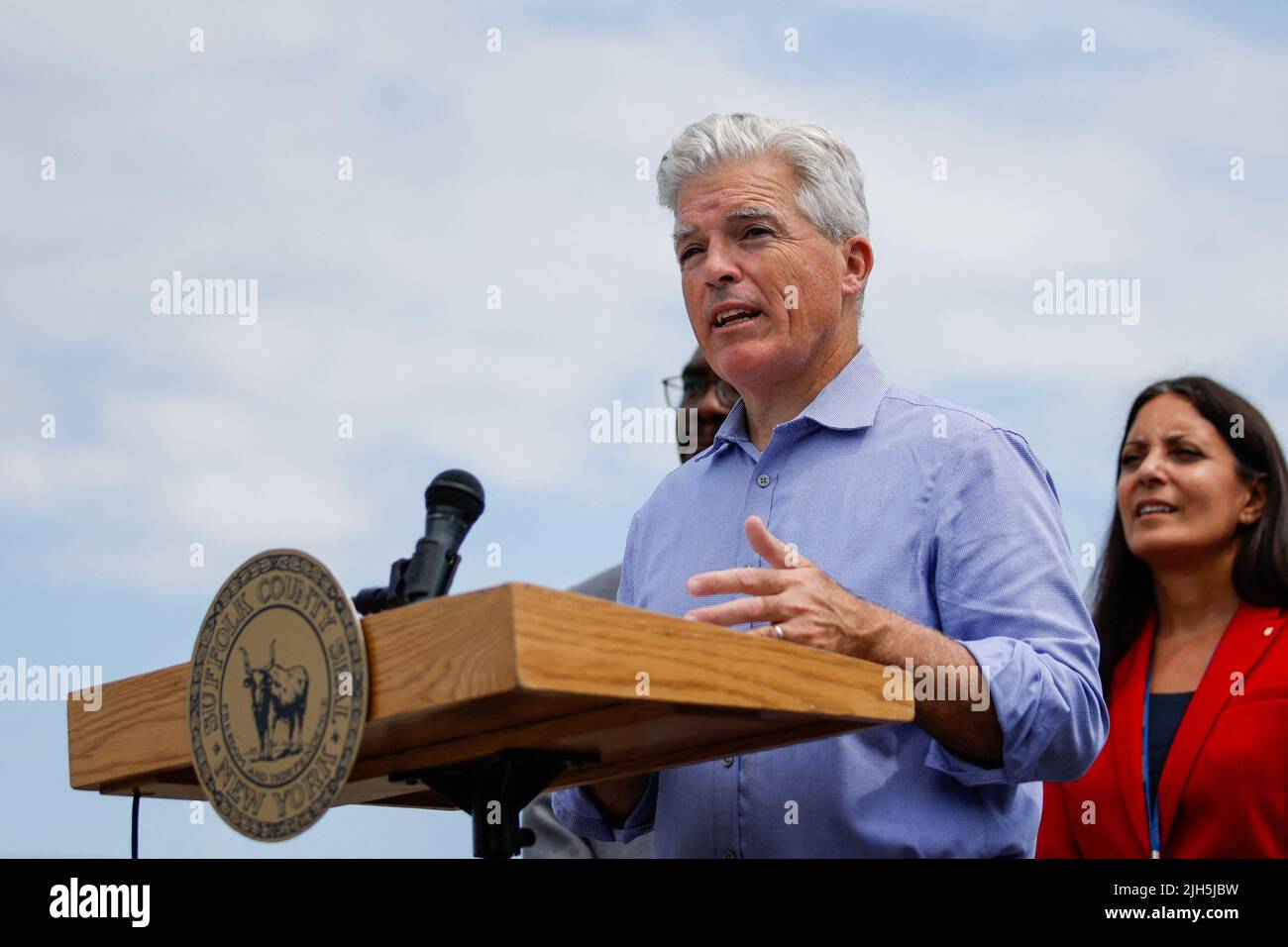 Suffolk County Executive Steve Bellone speaks during a news conference about monkeypox vaccinations in Sayville, New York, U.S., July 15, 2022. REUTERS/Eduardo Munoz Stock Photo