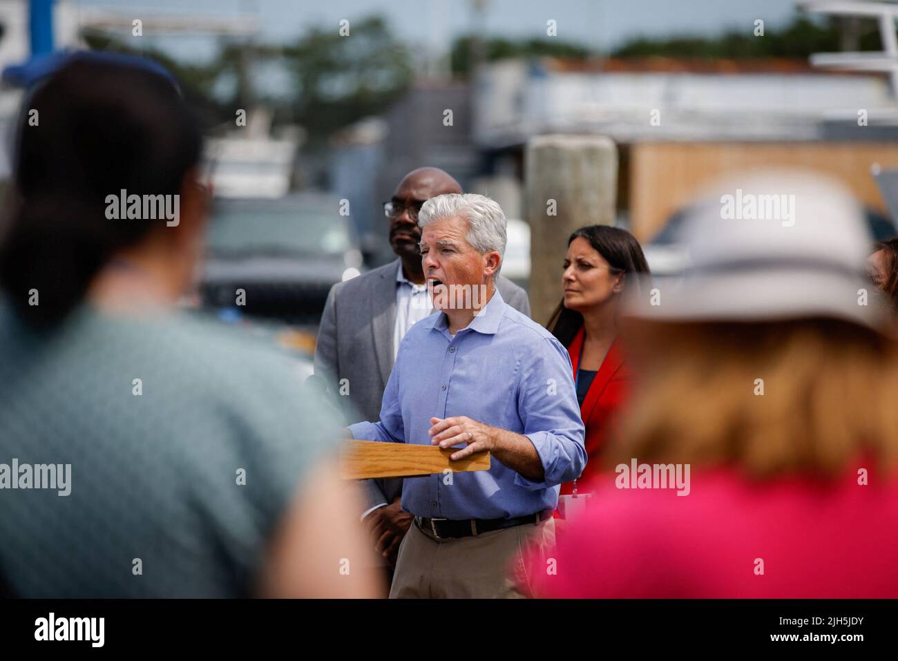 Suffolk County Executive Steve Bellone speaks during a news conference about monkeypox vaccinations in Sayville, New York, U.S., July 15, 2022. REUTERS/Eduardo Munoz Stock Photo