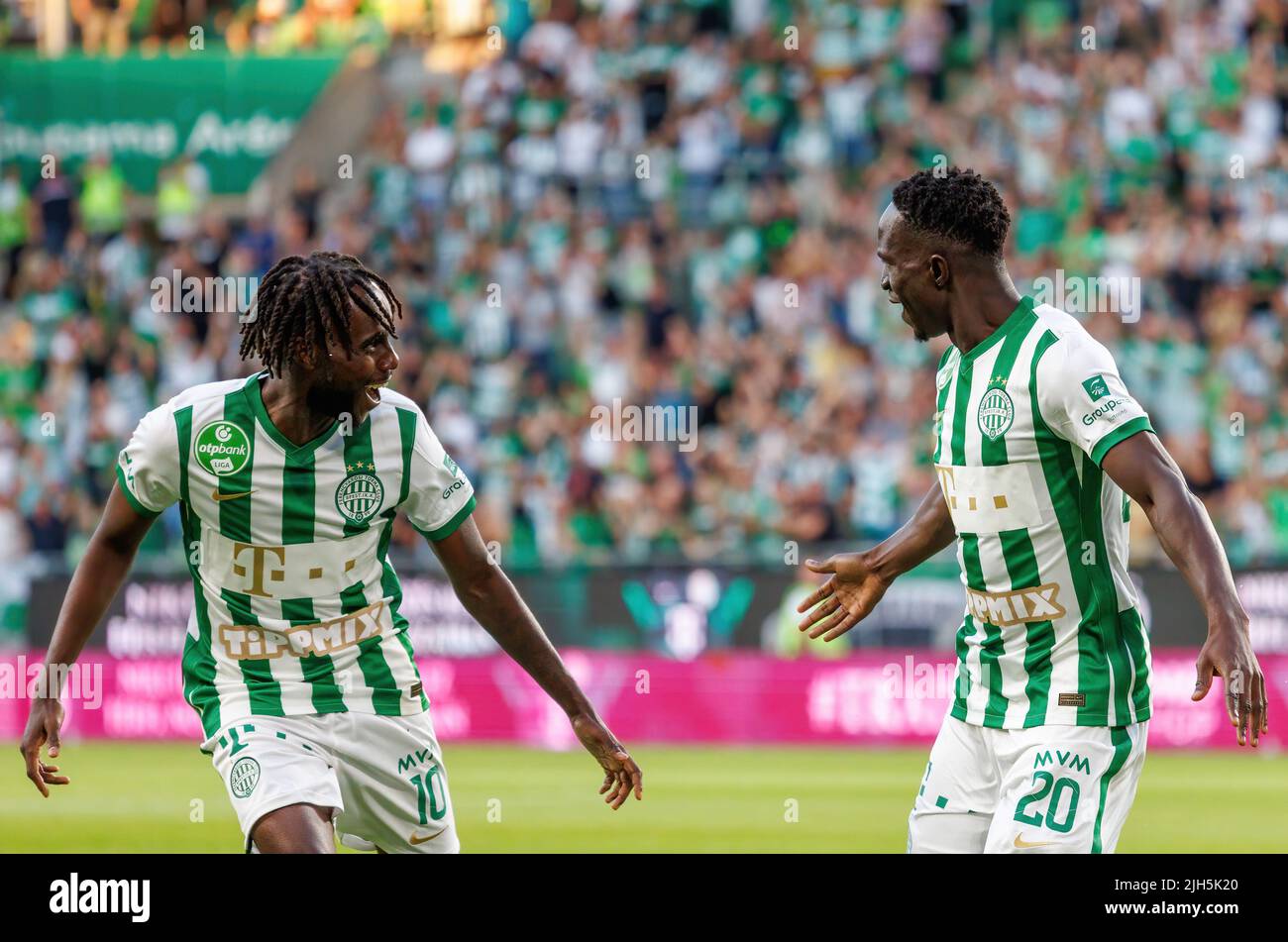 BUDAPEST, HUNGARY - JULY 24: Davide Lanzafame of Ferencvarosi TC #10  celebrates his goal among Tokmac Chol Nguen of Ferencvarosi TC #93, Ihor  Kharatin of Ferencvarosi TC (l2), Gergo Lovrencsics of Ferencvarosi