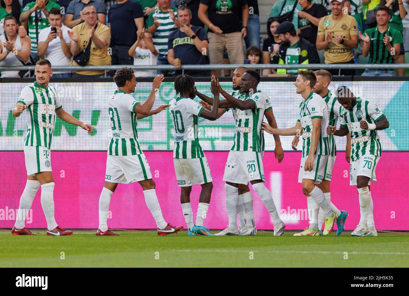 Teammates of Ferencvarosi TC celebrate after the UEFA Europa